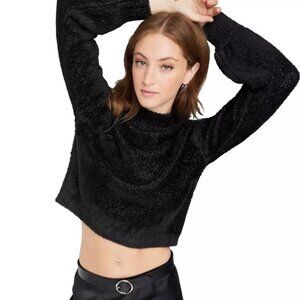 Women's Mock Turtleneck Fuzzy Boxy Pullover Sweater Wild Fable Black Lurex L